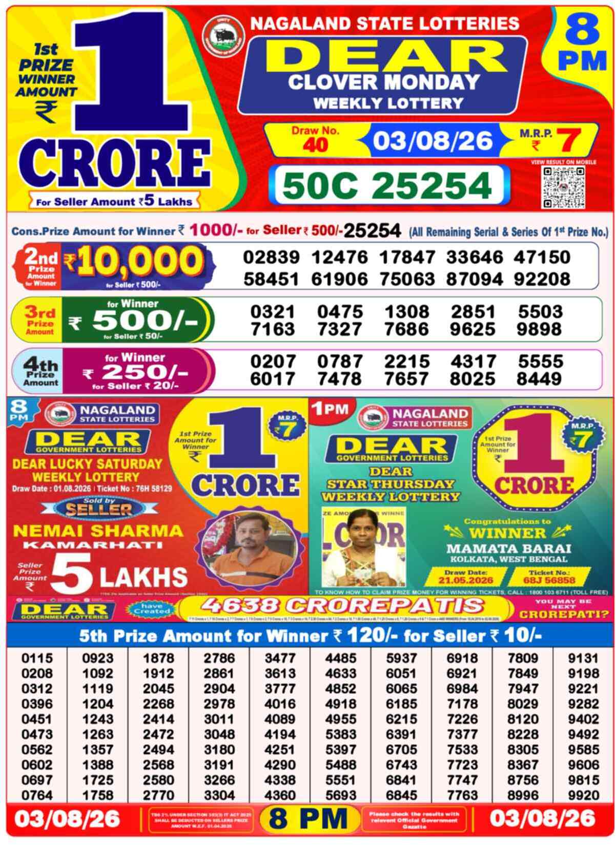 Nagaland State Lottery 8 PM Result 03-08-2026