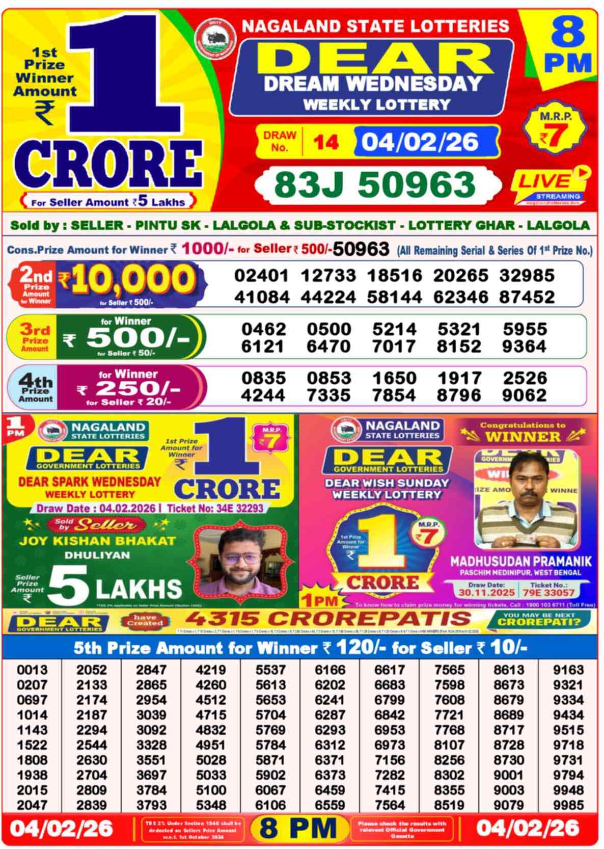 Nagaland State Lottery Result 8 PM 04.02.2026