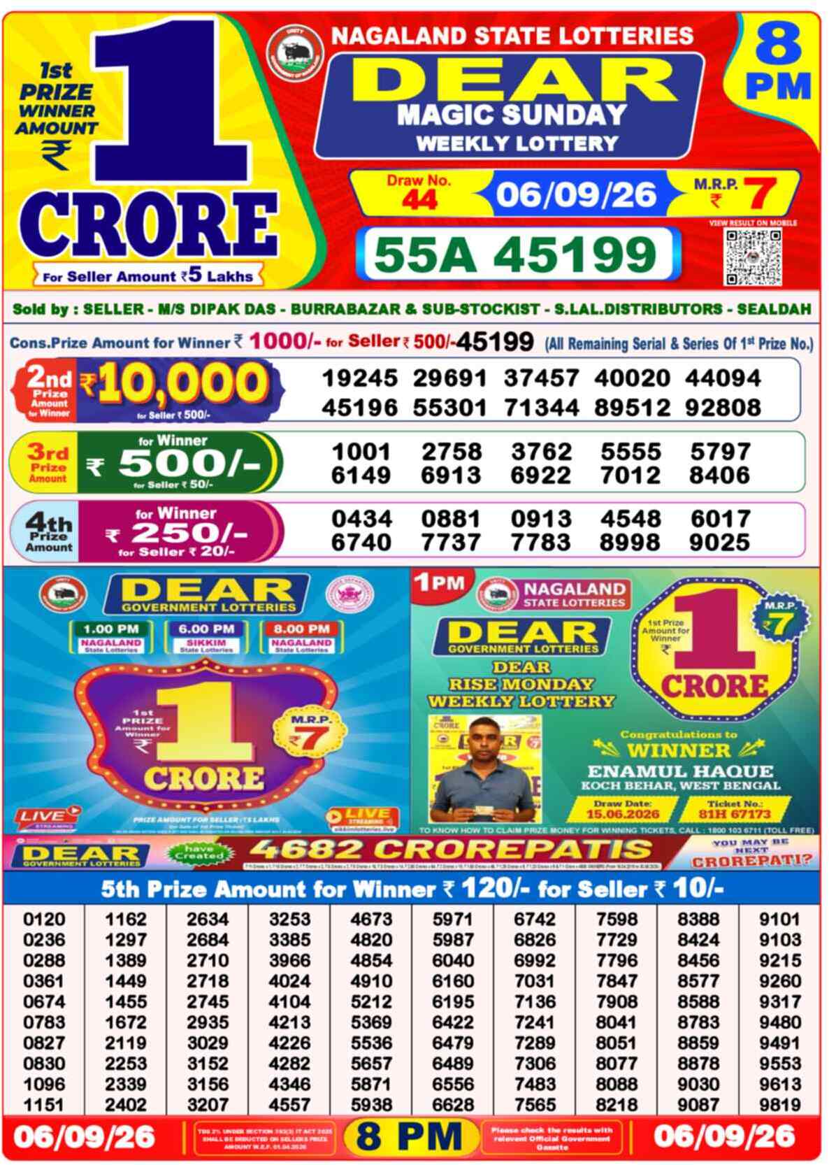 Nagaland State Lottery Result 8 PM 06.09.2026