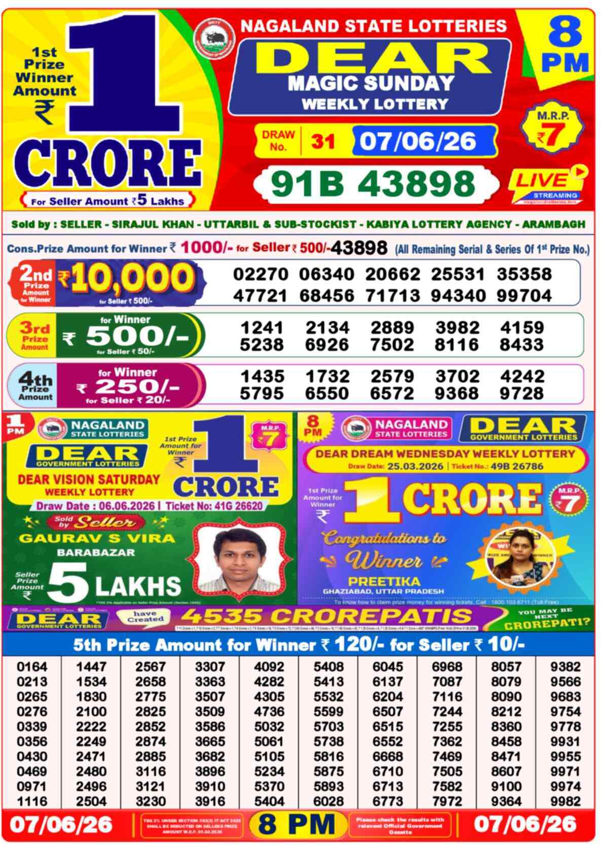 Dear Lottery 8 PM Result 07/06/26