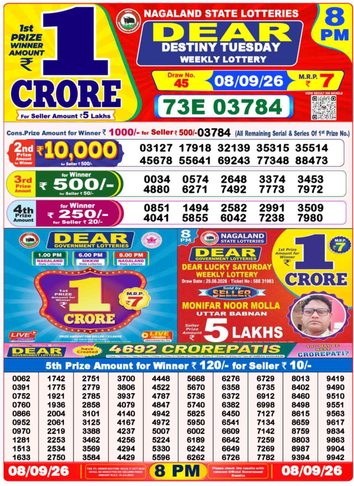 Nagaland State Lottery 8 PM Result 08-09-2026