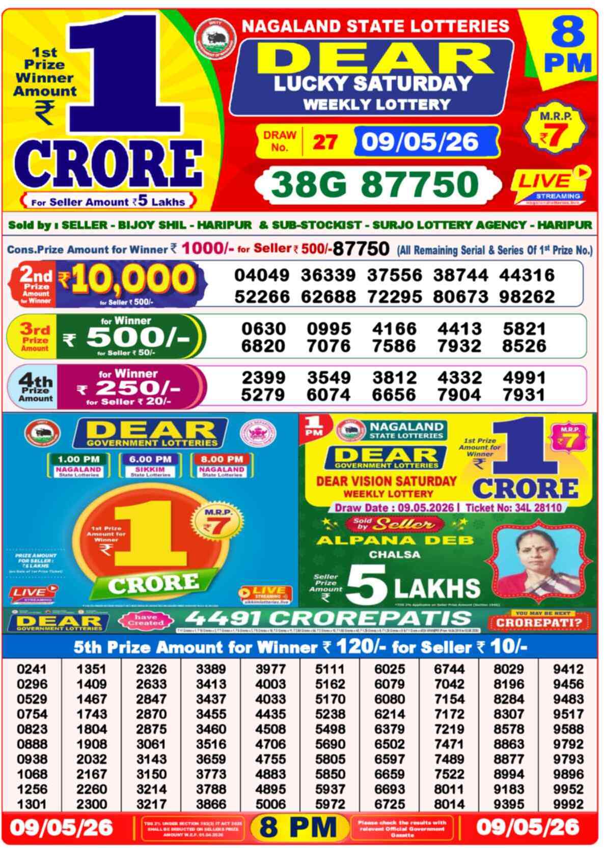 Nagaland State Lottery Result 8 PM 09.05.2026