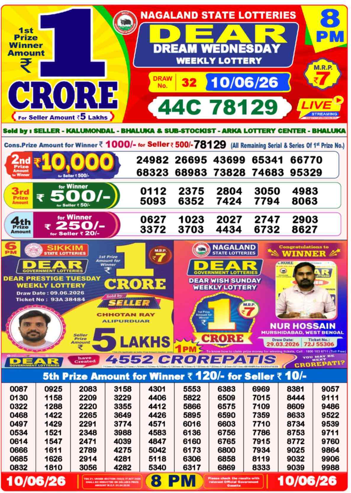 Dear Lottery 8 PM Result 10/06/26