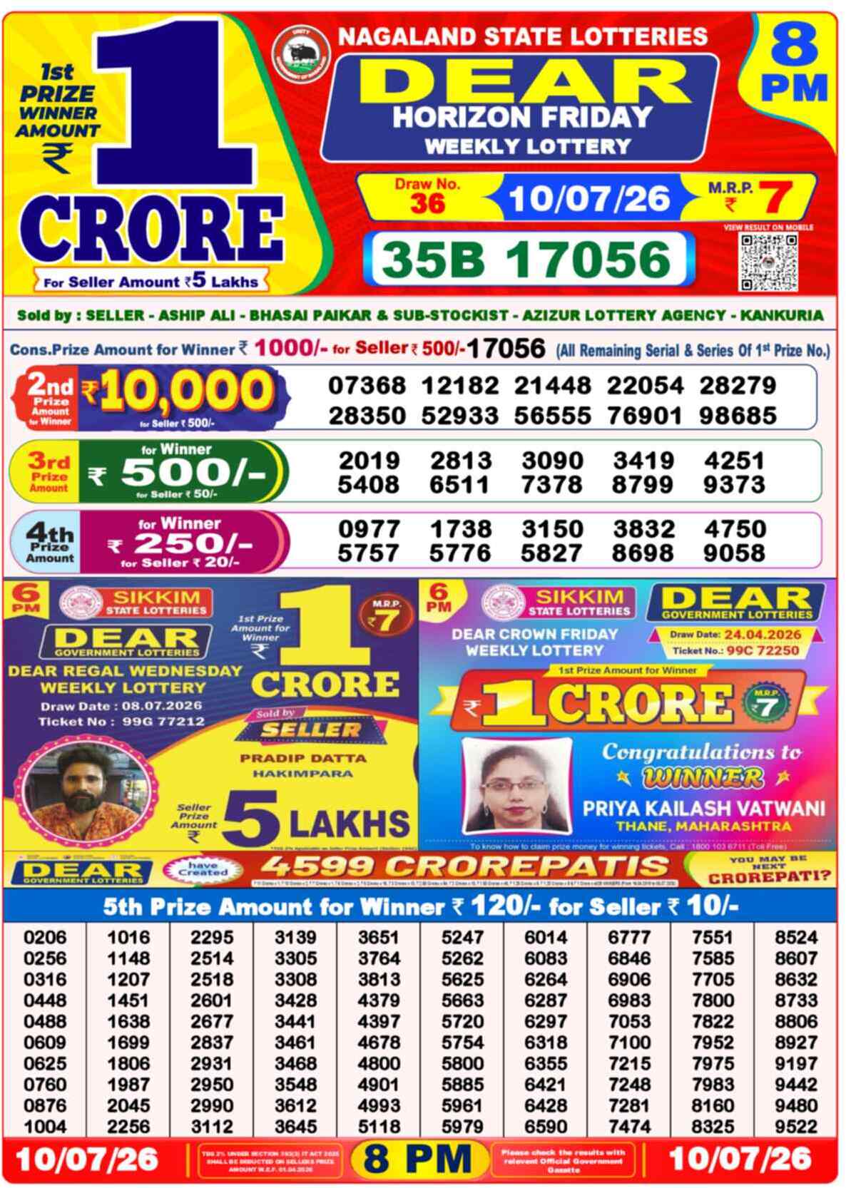 Dear Lottery 8 PM Result 10/07/26