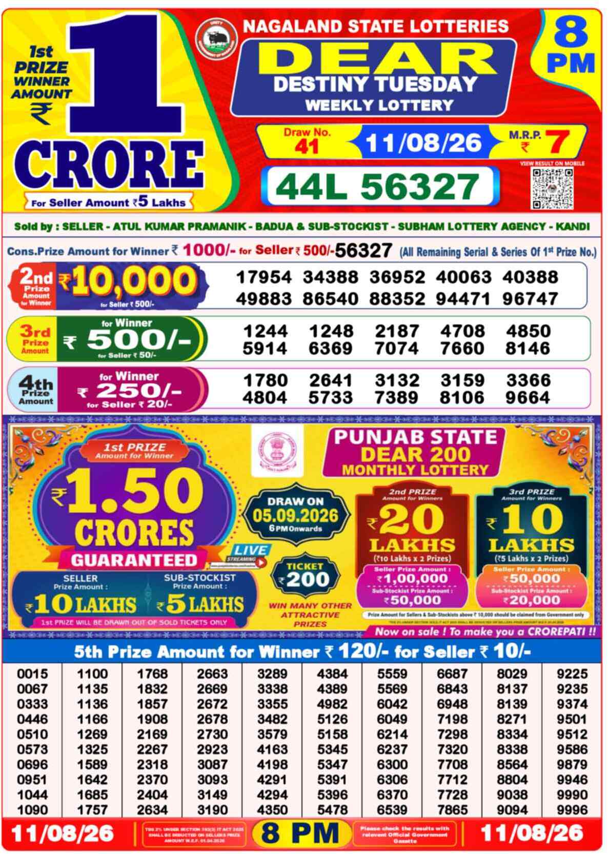 Nagaland State Lottery Result 8 PM 11.08.2026