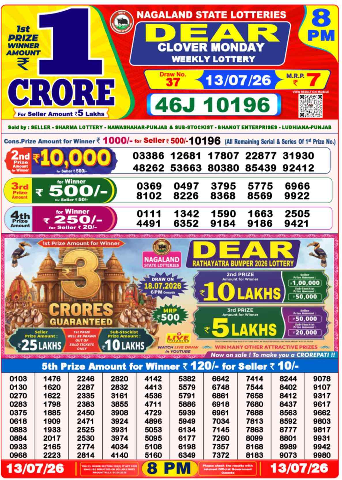 Nagaland State Lottery 8 PM Result 13-07-2026