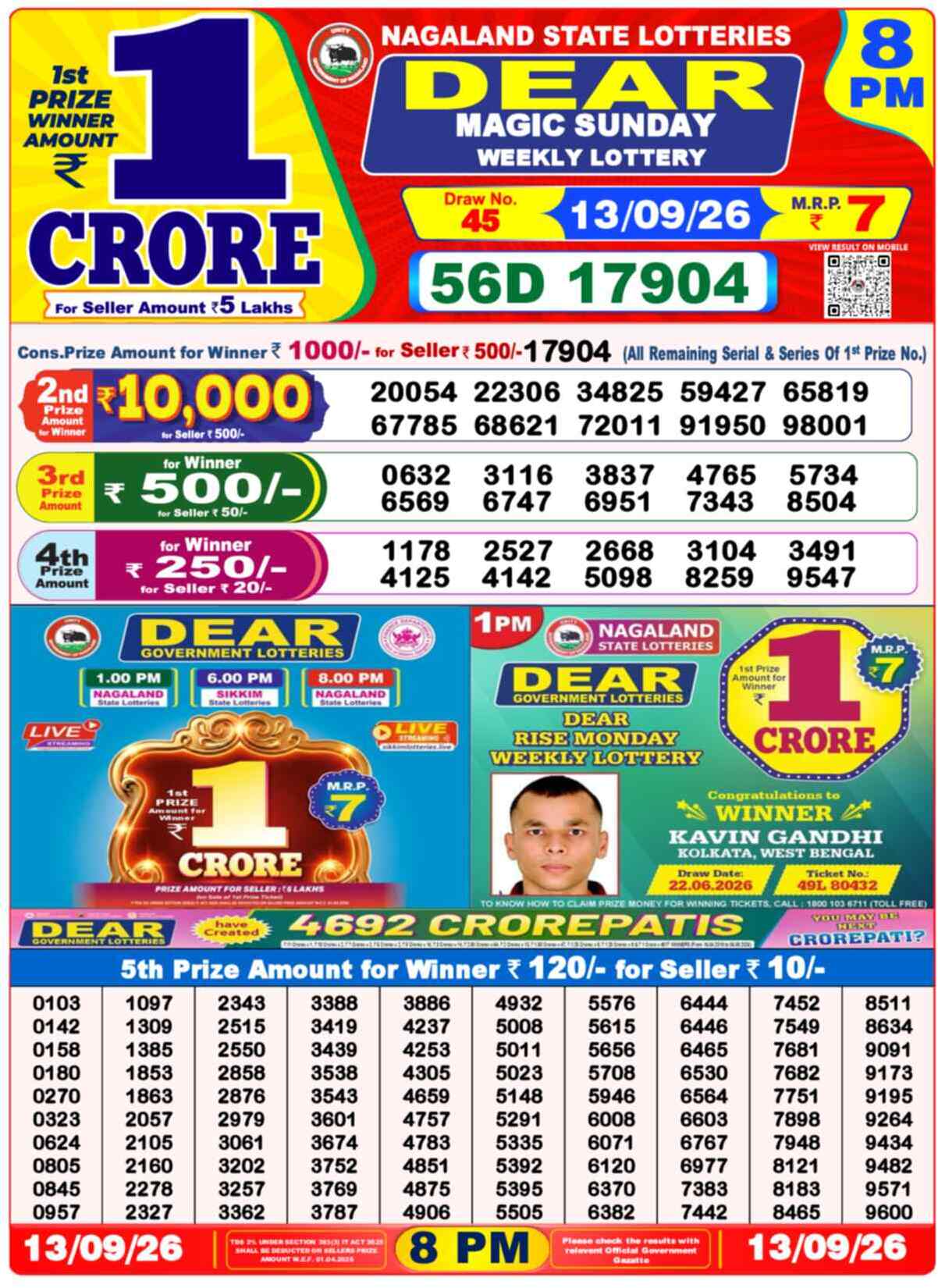 Nagaland State Lottery Result 8 PM 13.09.2026