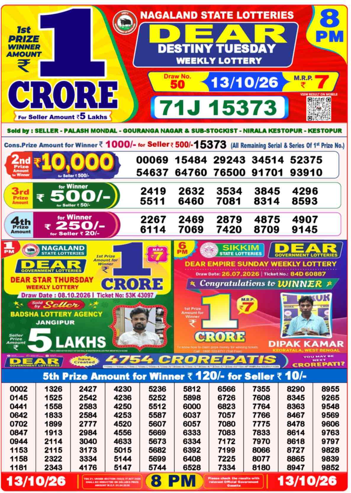 Nagaland State Lottery Result 8 PM 13.10.2026