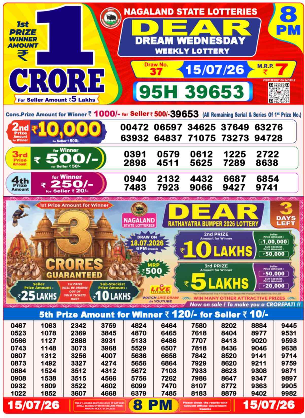 Nagaland State Lottery 8 PM Result 15-07-2026