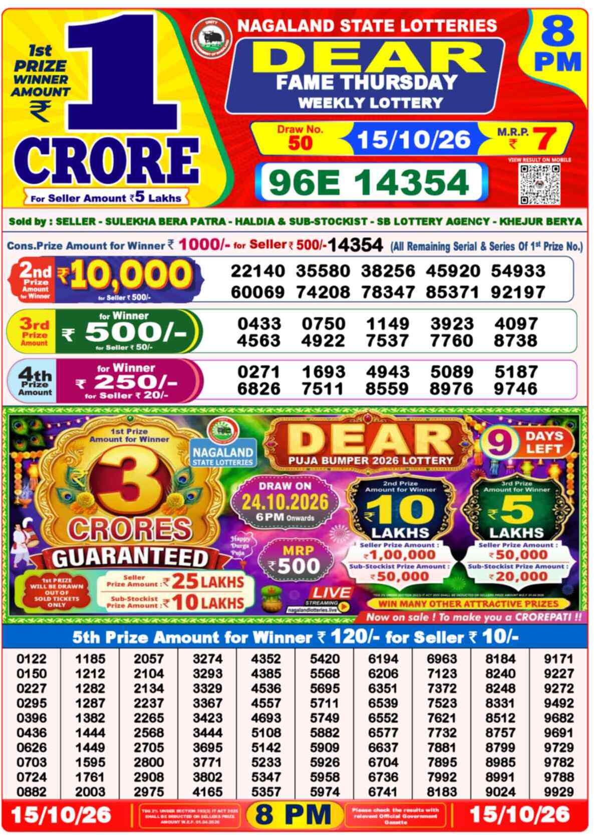 Nagaland State Lottery Result 8 PM 15.10.2026