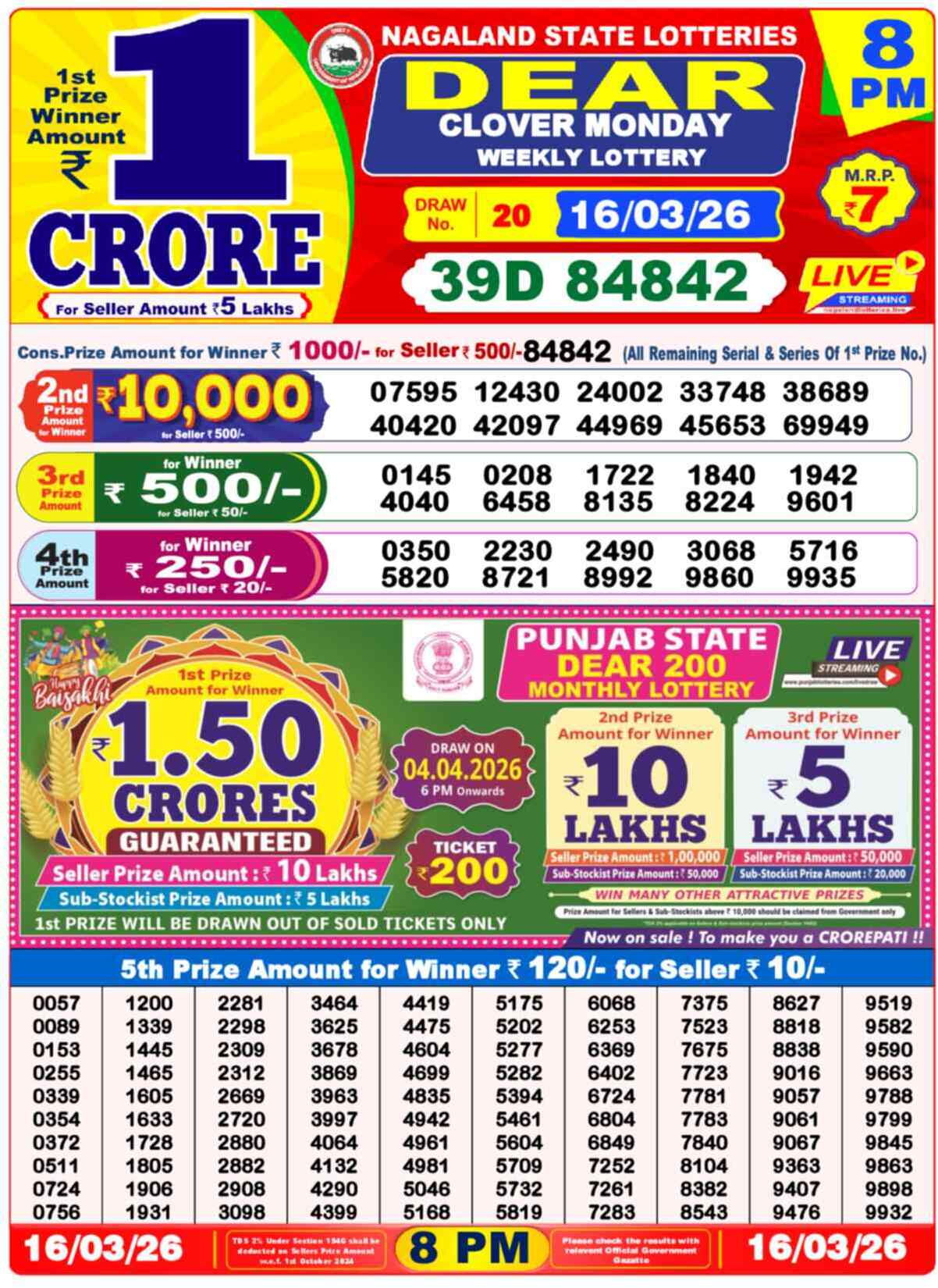Dear Lottery 8 PM Result 16/03/26