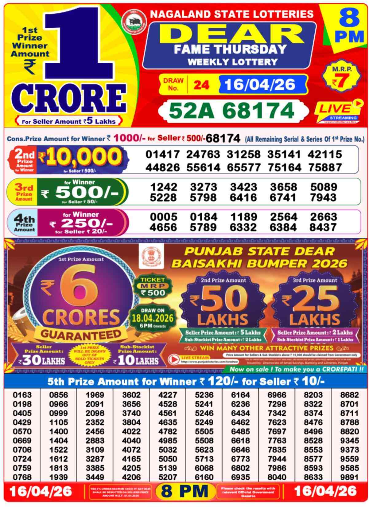 Dear Lottery 8 PM Result 16/04/26