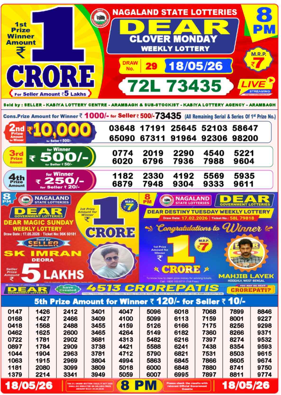 Nagaland State Lottery Result 8 PM 18.05.2026