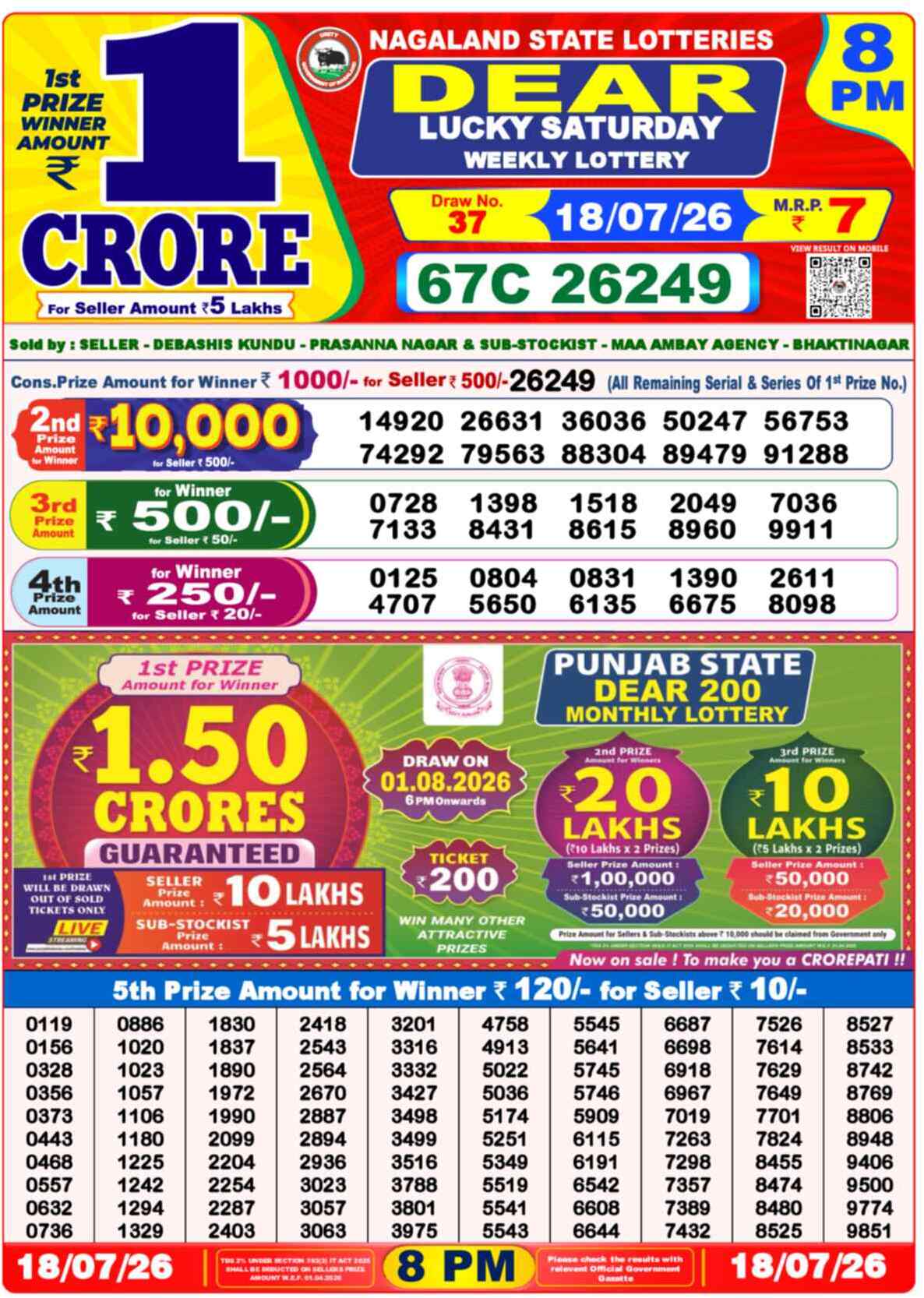 Nagaland State Lottery 8 PM Result 18-07-2026