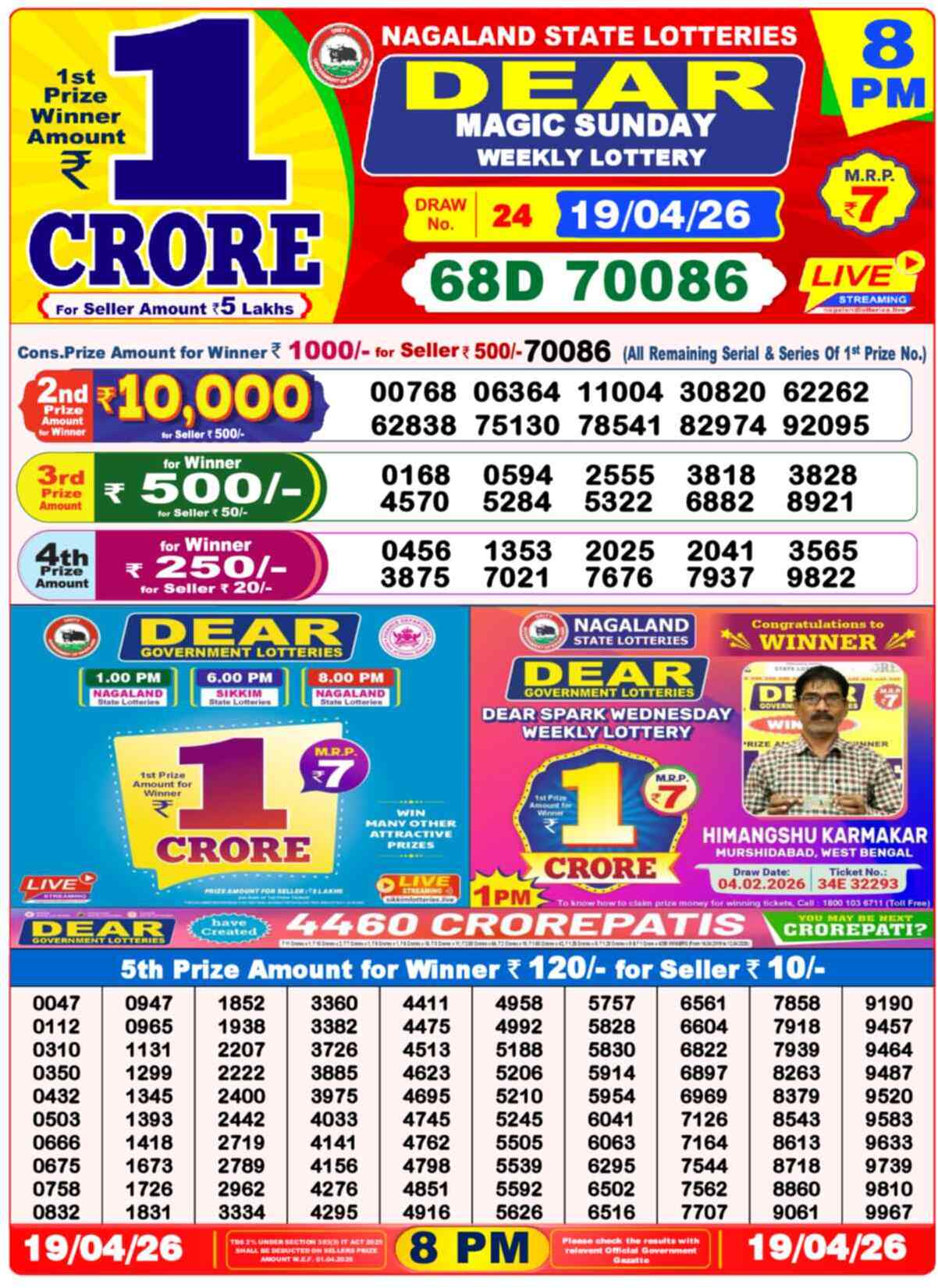 Nagaland State Lottery Result 8 PM 19.04.2026