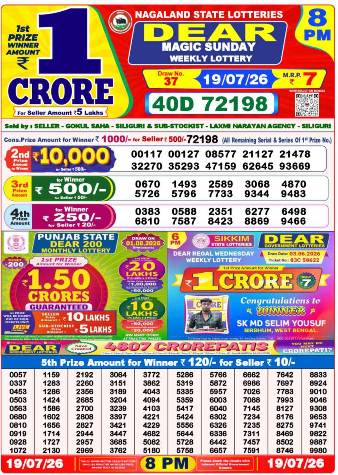 Nagaland State Lottery 8 PM Result 19-07-2026