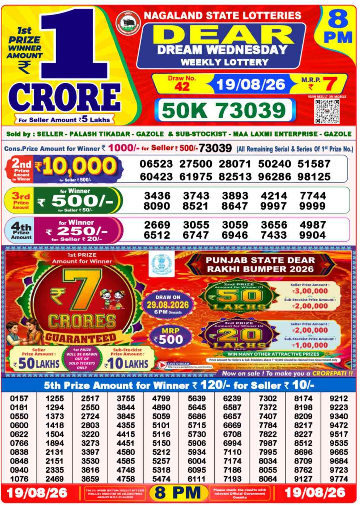 Nagaland State Lottery Result 8 PM 19.08.2026