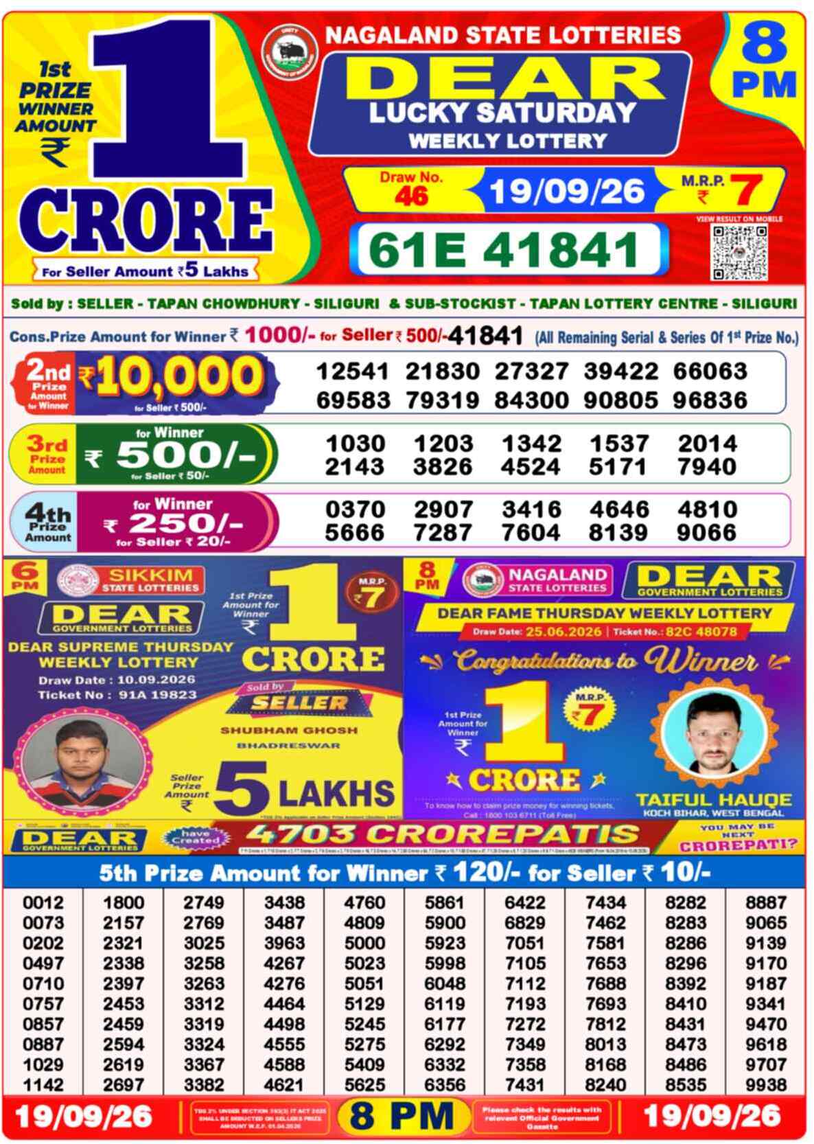 Nagaland State Lottery 8 PM Result 19-09-2026