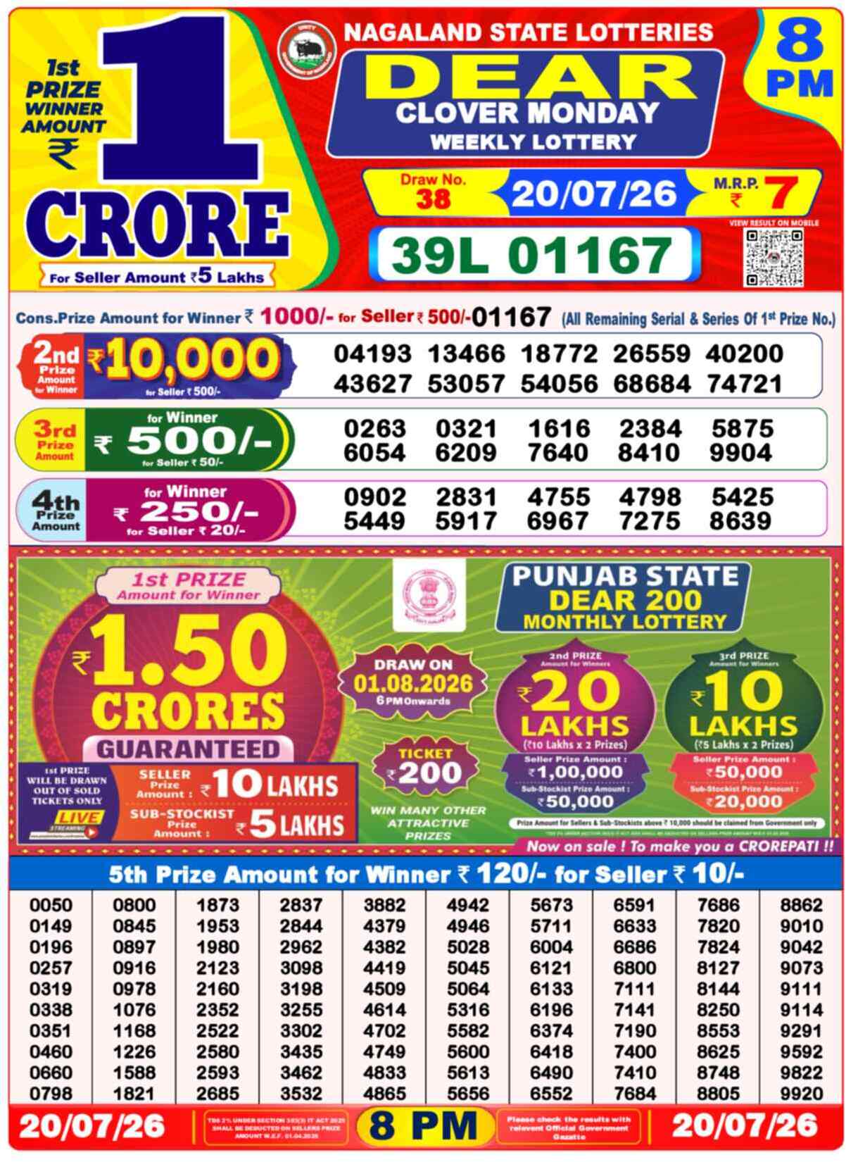 Nagaland State Lottery 8 PM Result 20-07-2026