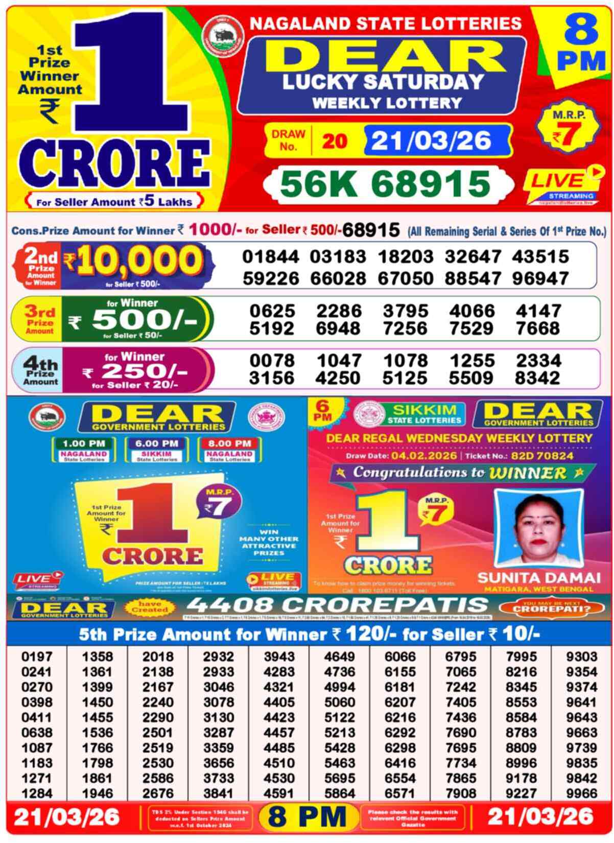 Dear Lottery 8 PM Result 21/03/26
