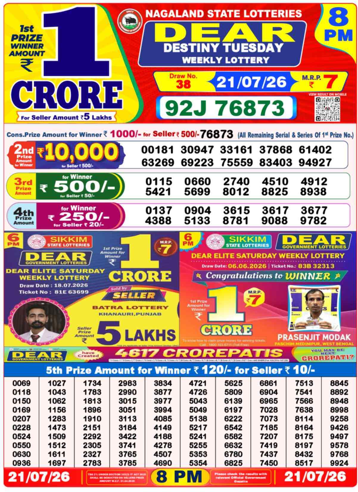 Nagaland State Lottery 8 PM Result 21-07-2026