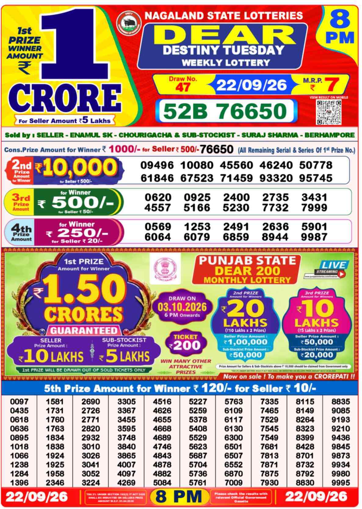 Nagaland State Lottery Result 8 PM 22.09.2026