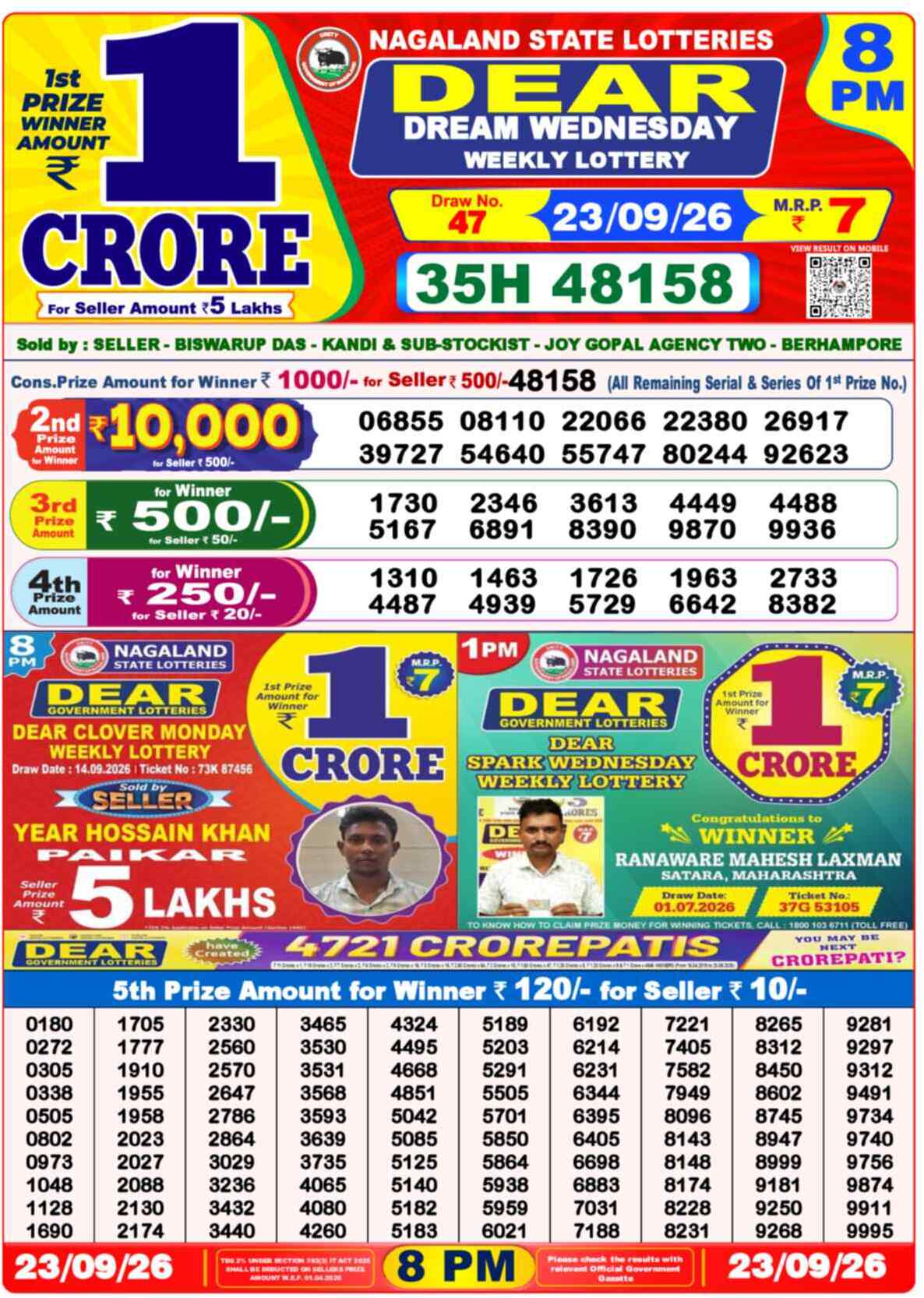 Nagaland State Lottery Result 8 PM 23.09.2026