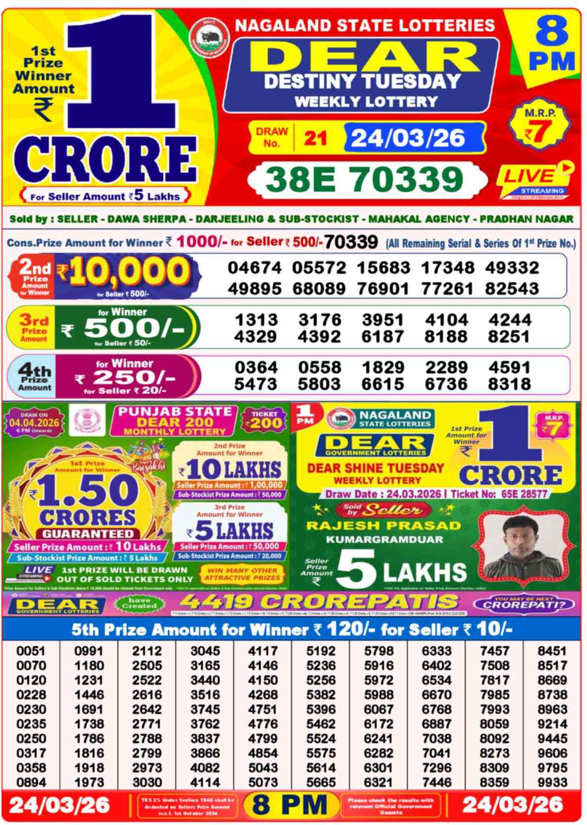 Dear Lottery 8 PM Result 24/03/26