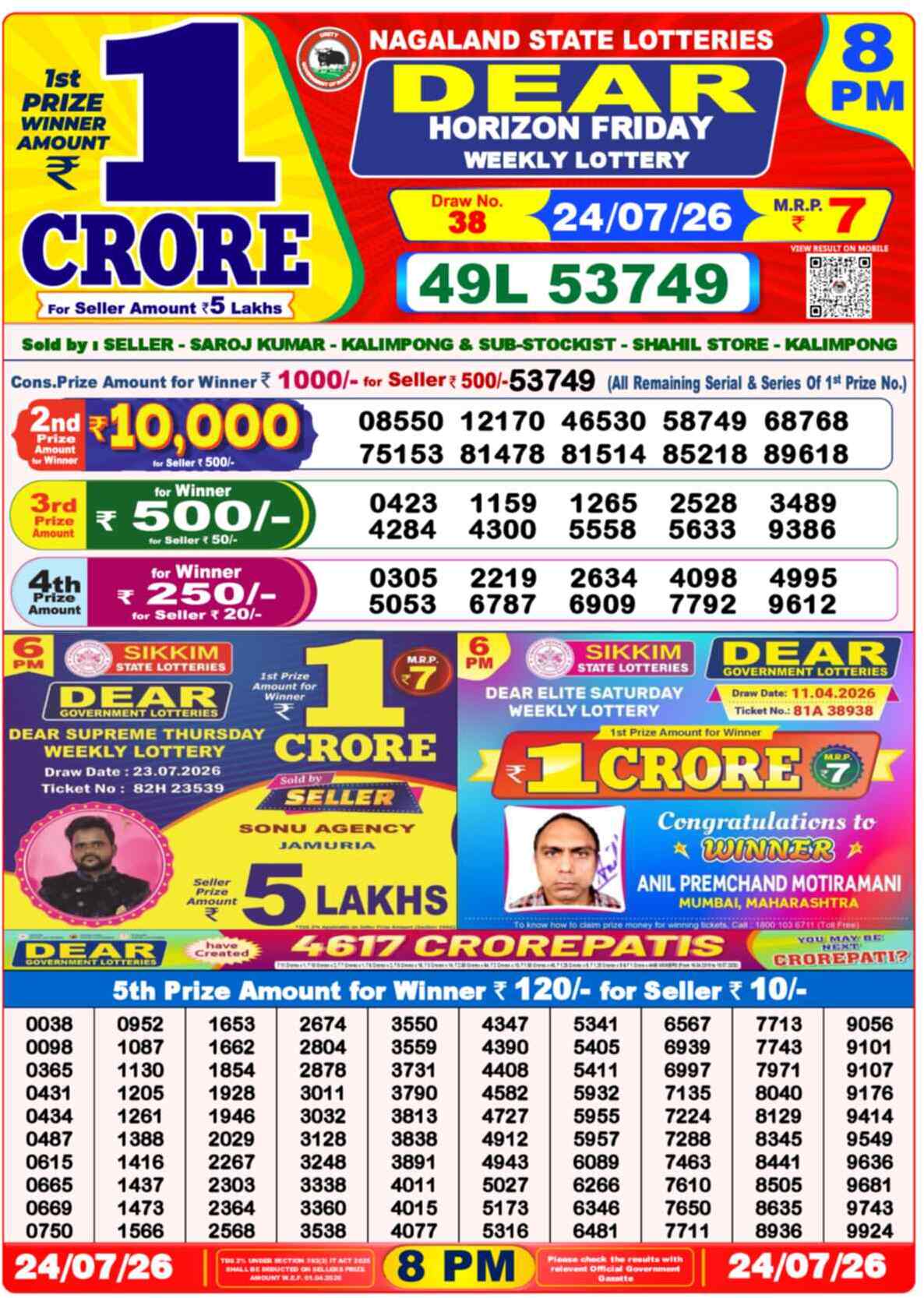 Nagaland State Lottery 8 PM Result 24-07-2026