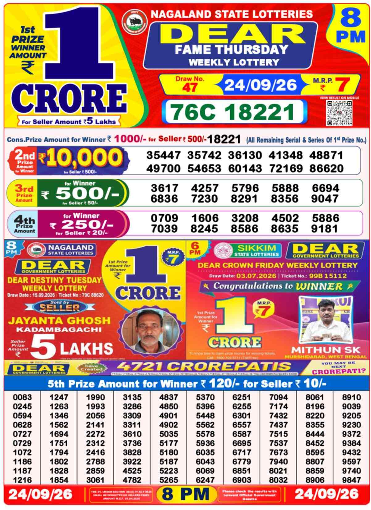 Nagaland State Lottery 8 PM Result 24-09-2026
