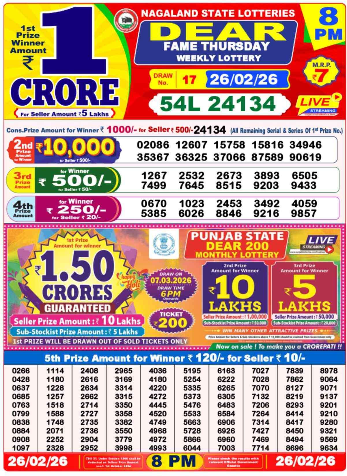 Nagaland State Lottery Result 8 PM 26.02.2026