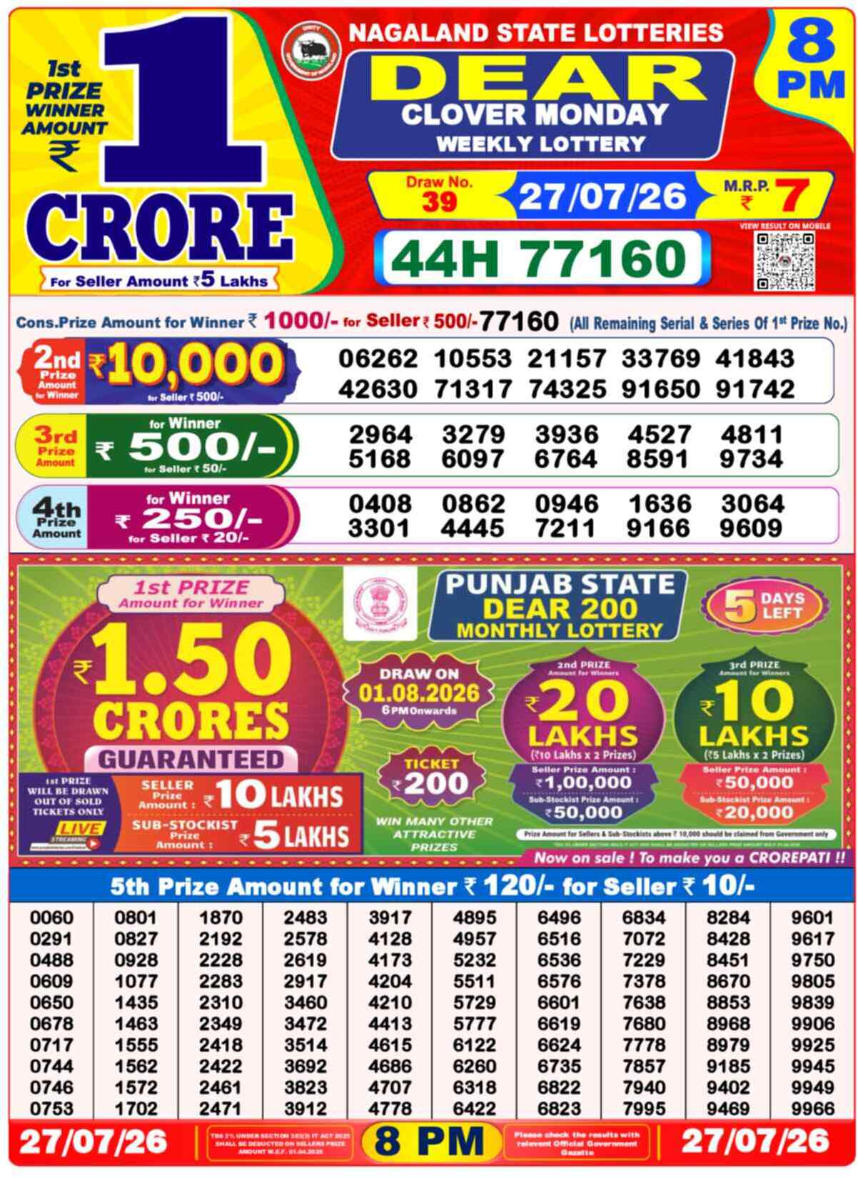 Nagaland State Lottery 8 PM Result 27-07-2026