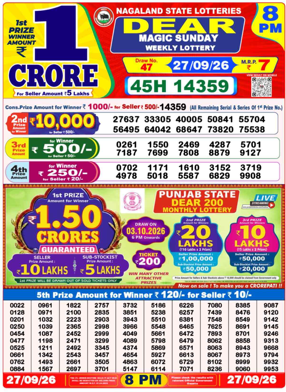 Nagaland State Lottery Result 8 PM 27.09.2026