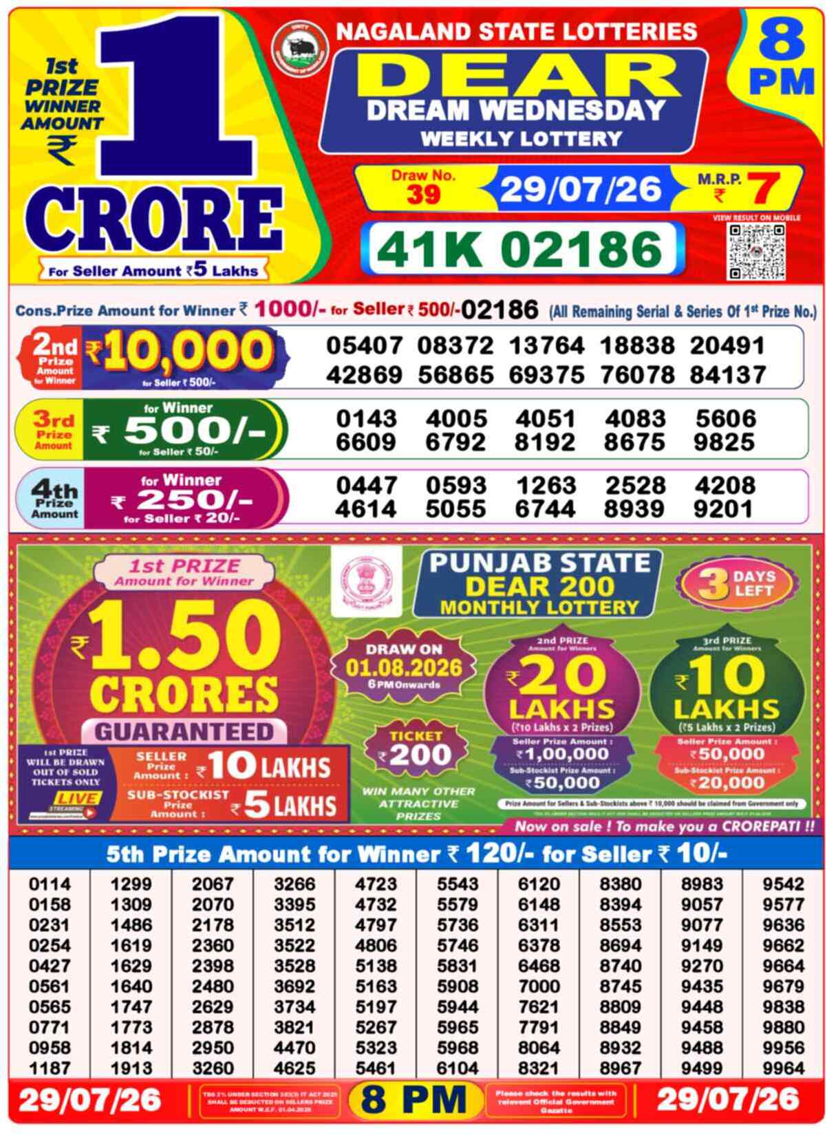 Nagaland State Lottery 8 PM Result 29-07-2026
