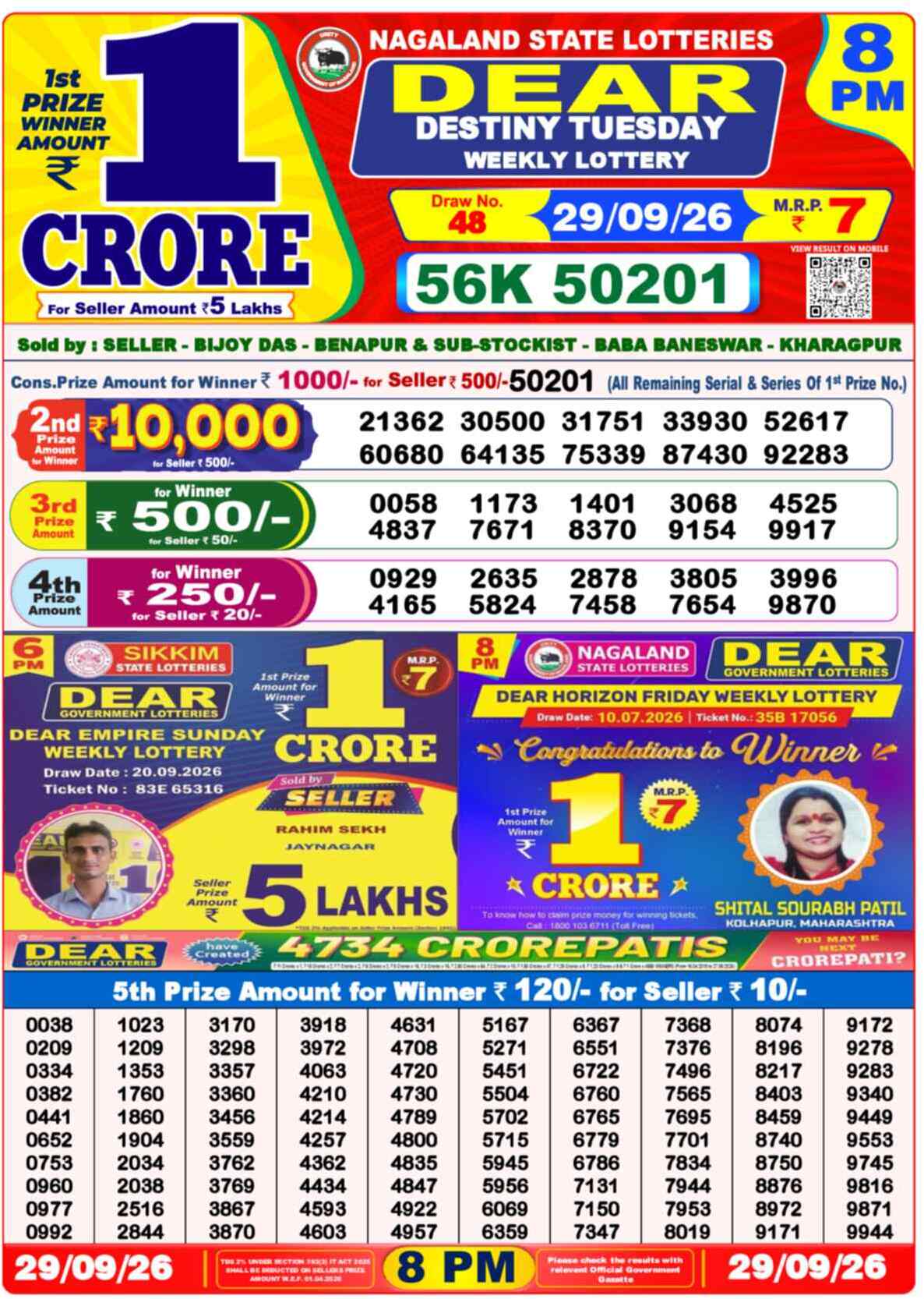 Nagaland State Lottery Result 8 PM 29.09.2026