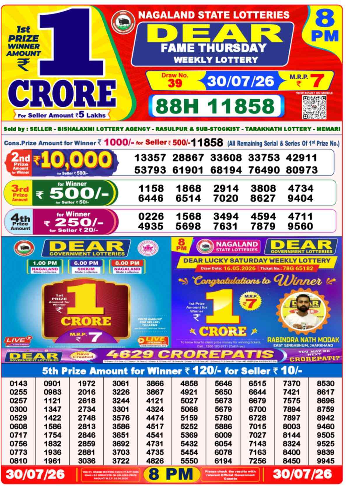 Nagaland State Lottery 8 PM Result 30-07-2026