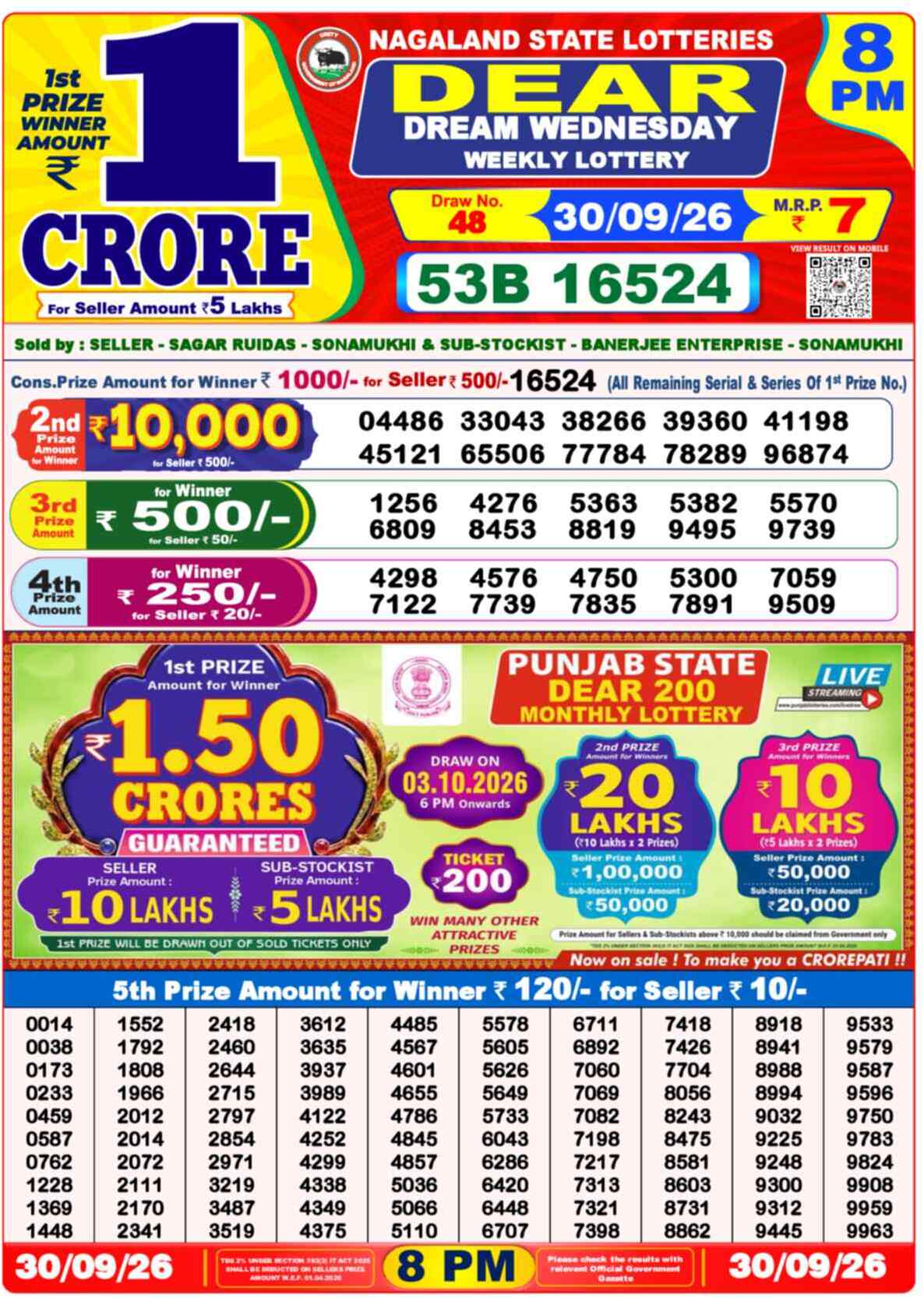 Nagaland State Lottery Result 8 PM 30.09.2026