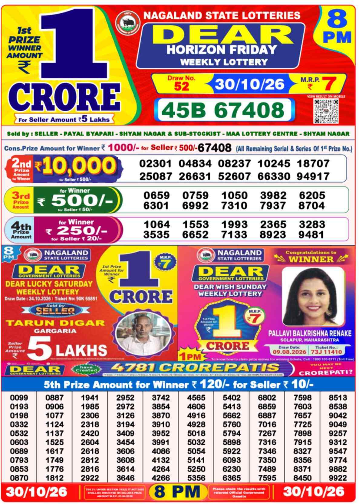 Nagaland State Lottery Result 8 PM 30.10.2026