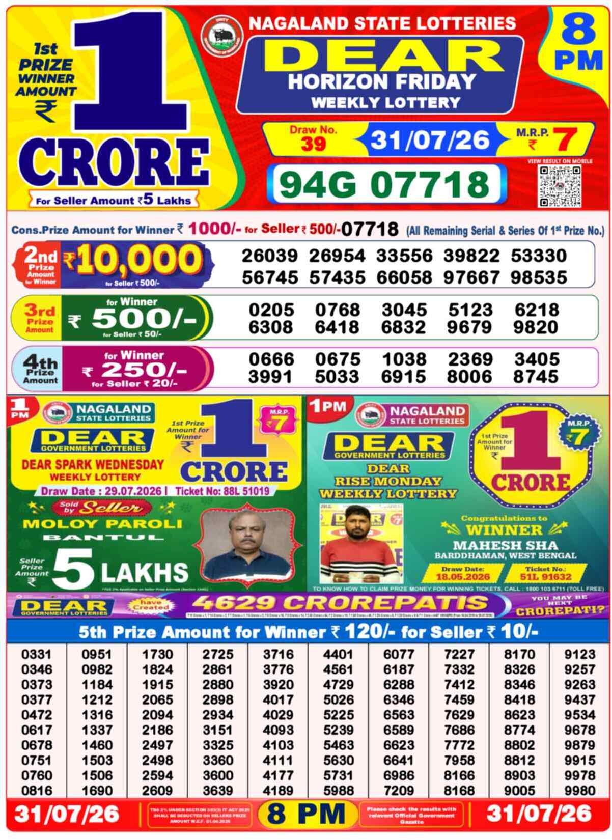 Nagaland State Lottery 8 PM Result 31-07-2026